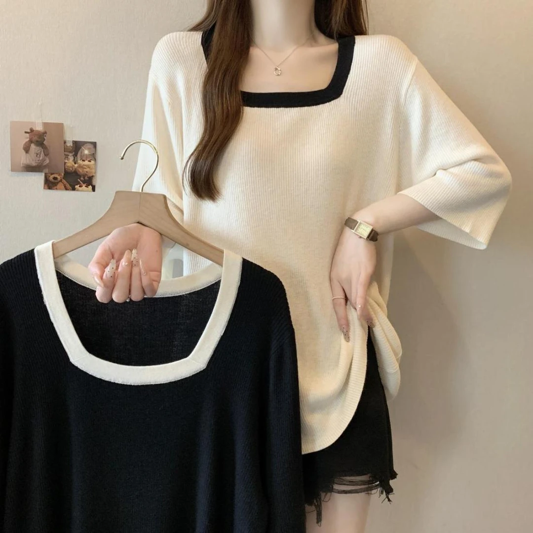 法式方领短袖冰丝T恤女夏季大码胖mm显瘦中长款遮屁股打底衫上衣