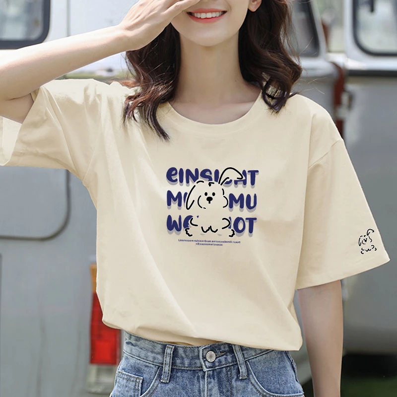 短袖T恤女士夏季2025新款宽松纯棉全棉印花显瘦正肩小众设计感ins