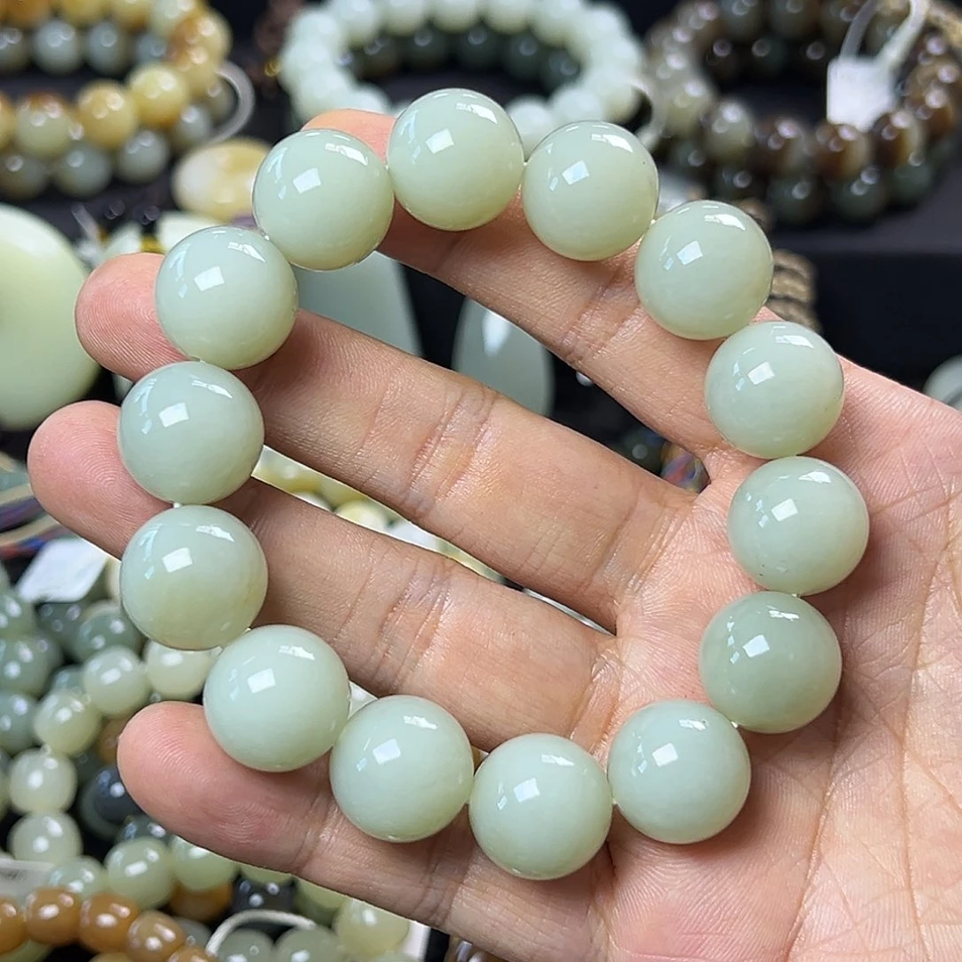 和田玉手链未镶嵌且末青白卡16圆珠 油润 微包容 矿点