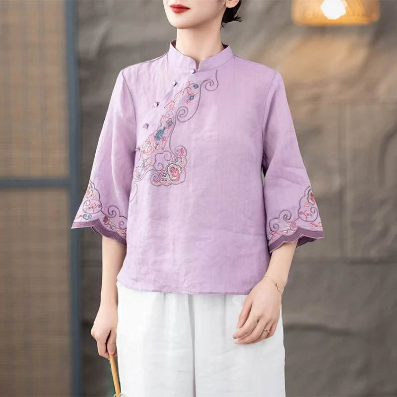 新款苎麻重工刺绣衬衣女国风新中式文艺上衣衬衫
