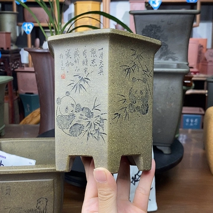 紫砂花盆鲨皮青六方