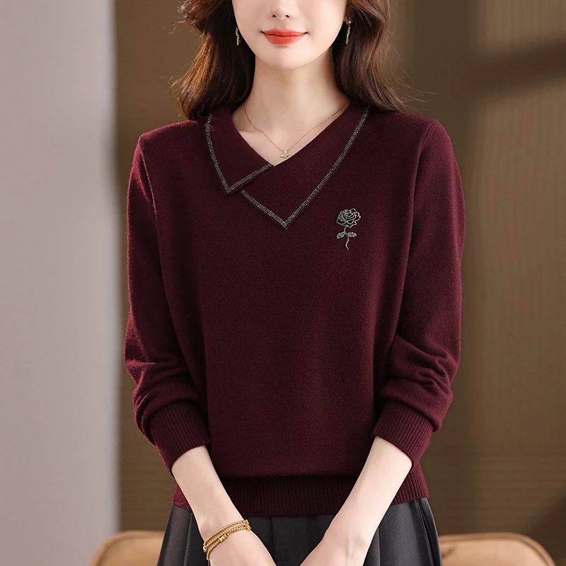 别致洋气春秋大码女装针织衫宽松遮肚子显瘦秋冬时尚翻领打底毛衣