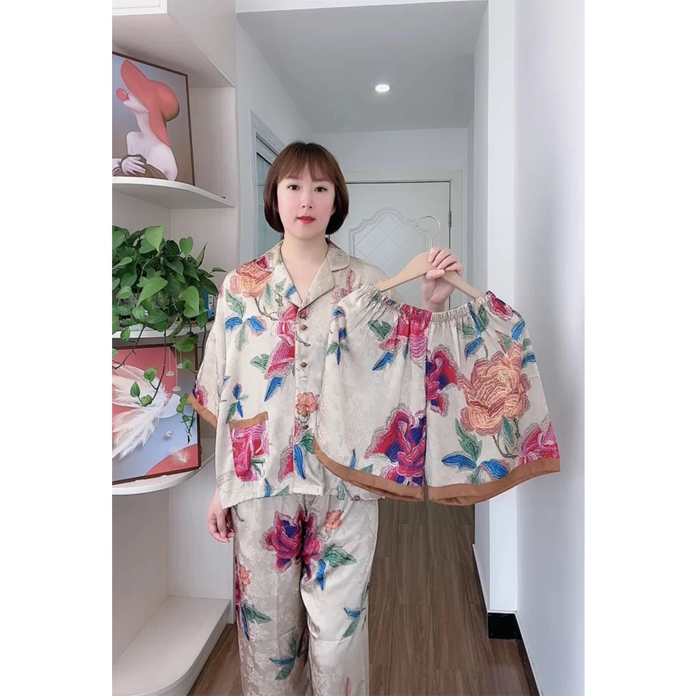 姬玛夏款睡衣女套装冰丝短袖长裤三件套舒适凉爽翻领家居服套装