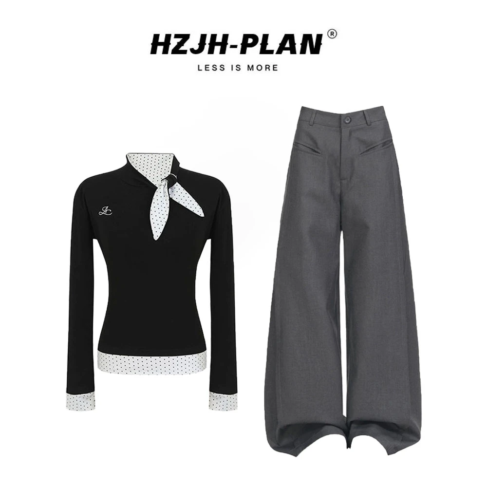 韩系chic秋季假两件长袖t恤女学院风宽松休闲裤灰色高腰裤子套装