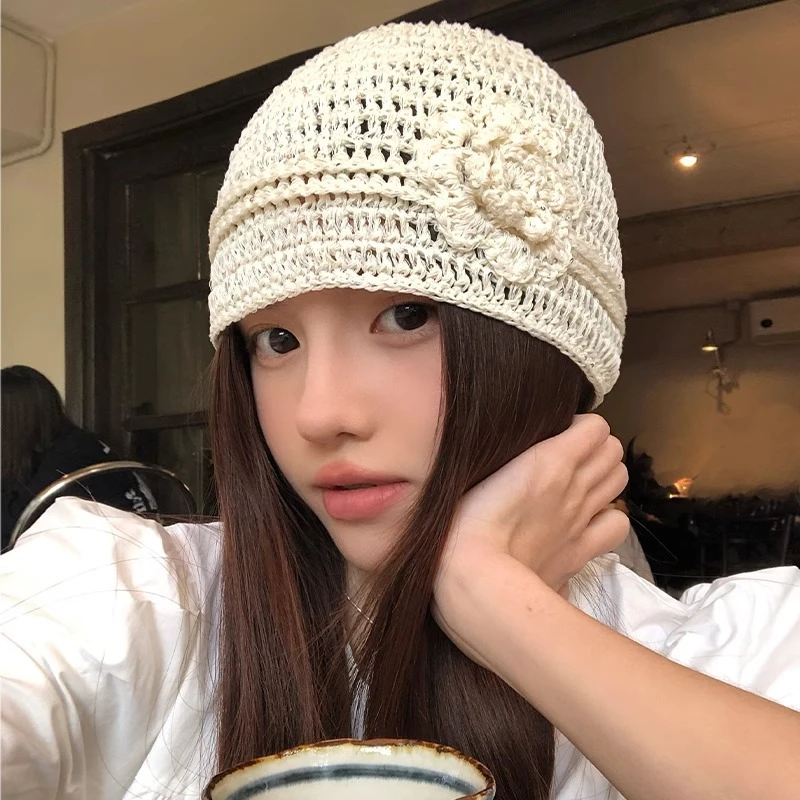 手工钩织镂空花朵套头帽女春夏季透气薄款优雅气质百搭白色包头帽