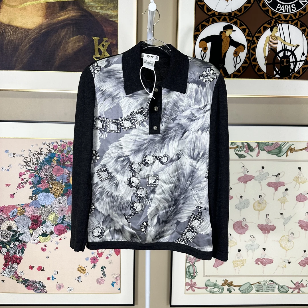 95新 Celine/思琳 宝石拼接羽毛印花针织毛衣/fy3621