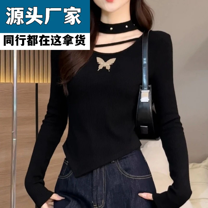 梵乐芬不规则长袖打底衫T恤女春秋冬季显瘦大码简约小香风法式上