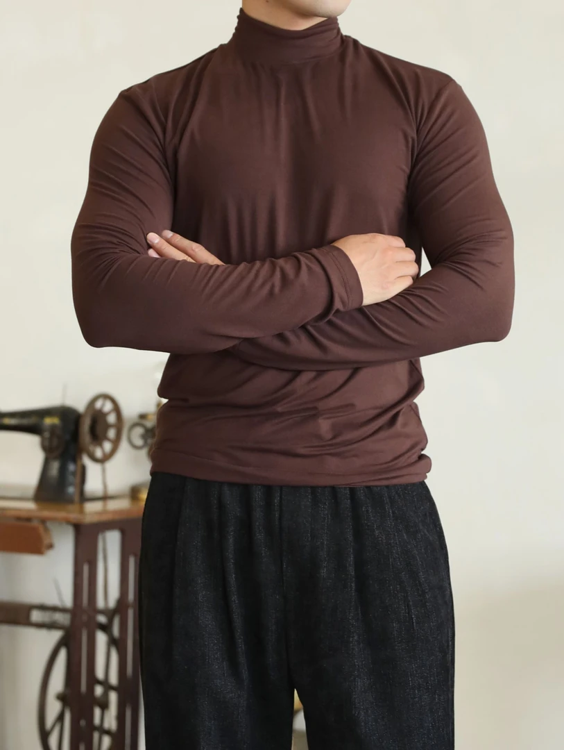 XBAI男士修身|不属于图案透气圆领长袖T恤上衣标准弹力高领打底衫