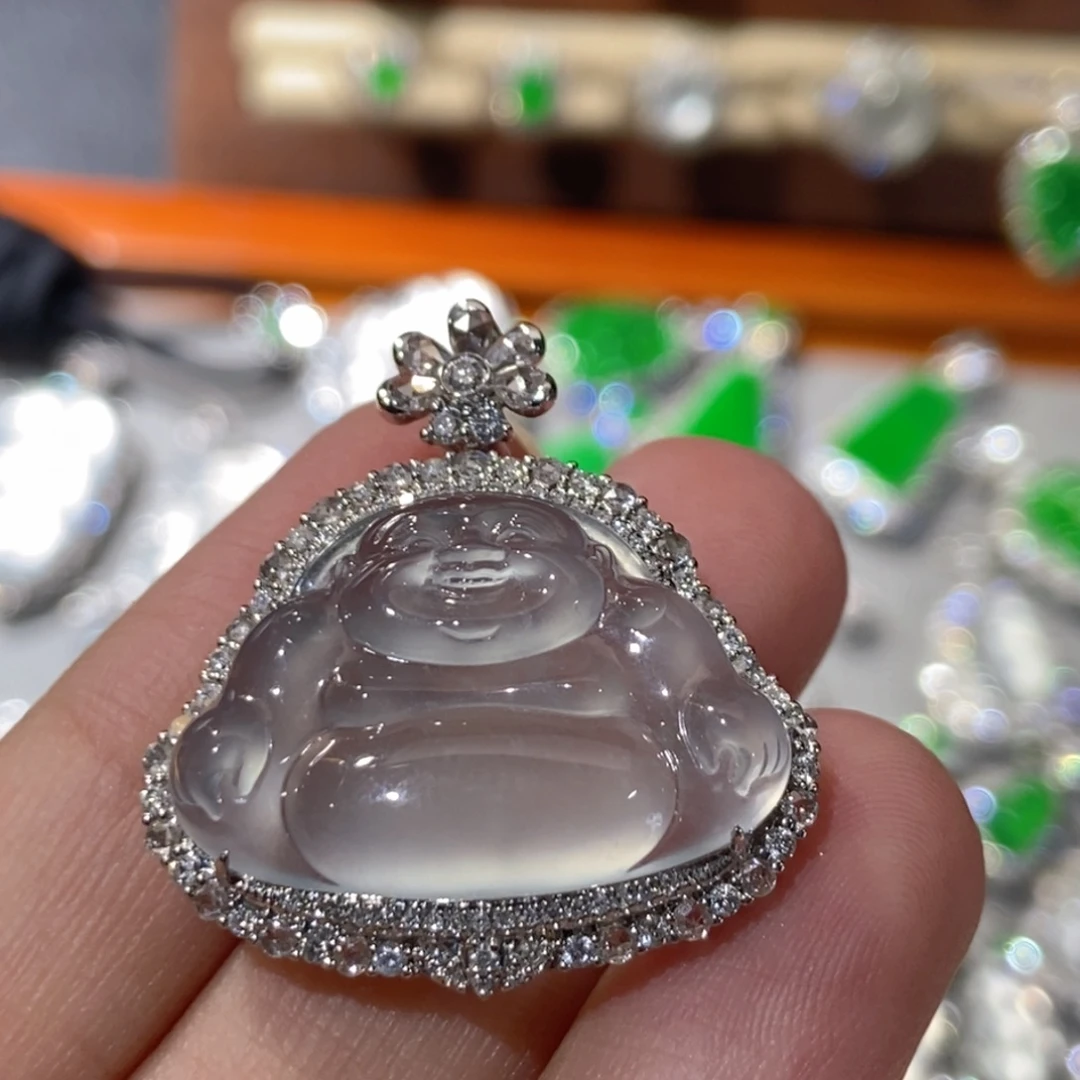 翡翠18K金镶嵌吊坠(不含链)天然缅甸A货翡翠