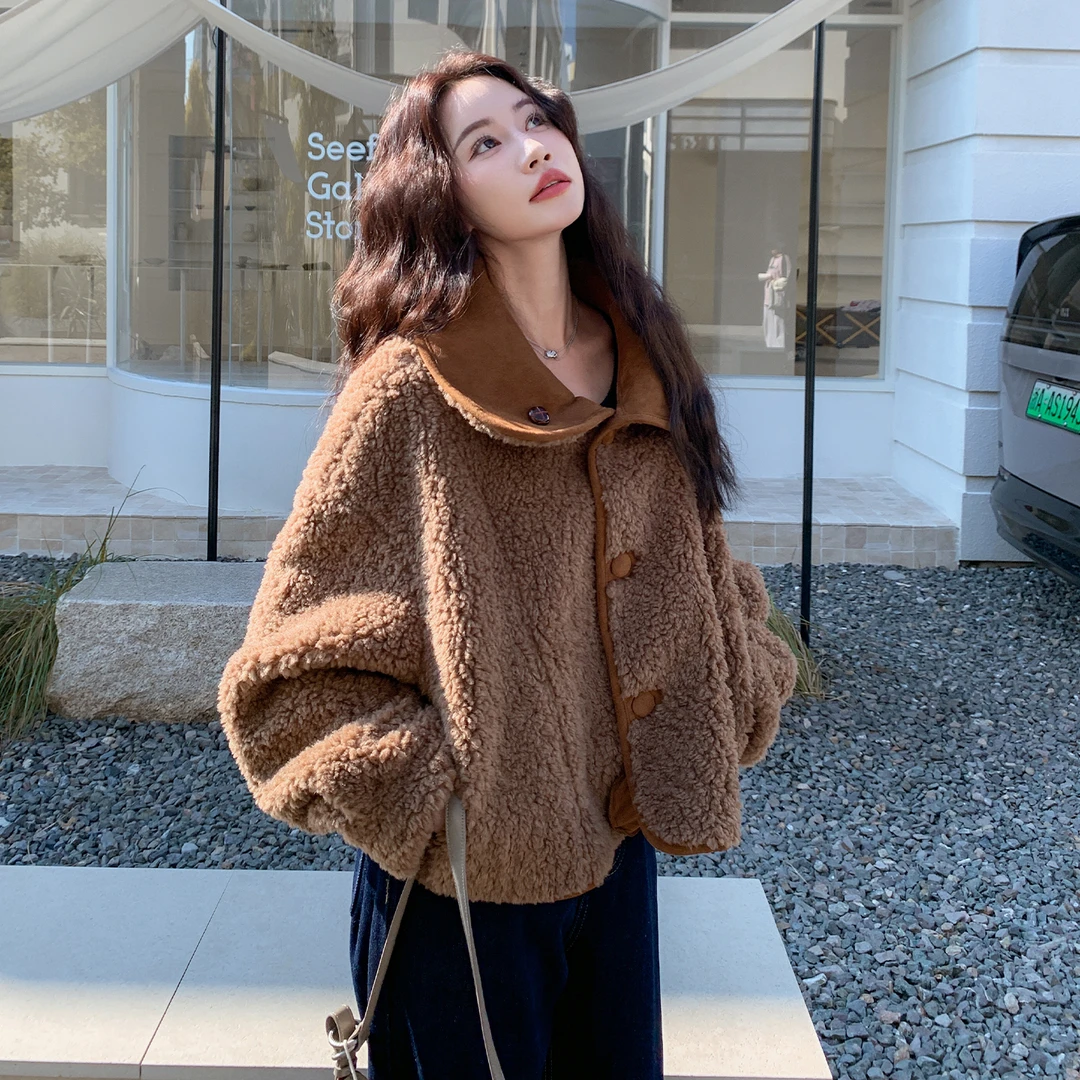 长袖短款薄款宽松型毛呢外套宽松连帽保暖开衫加厚