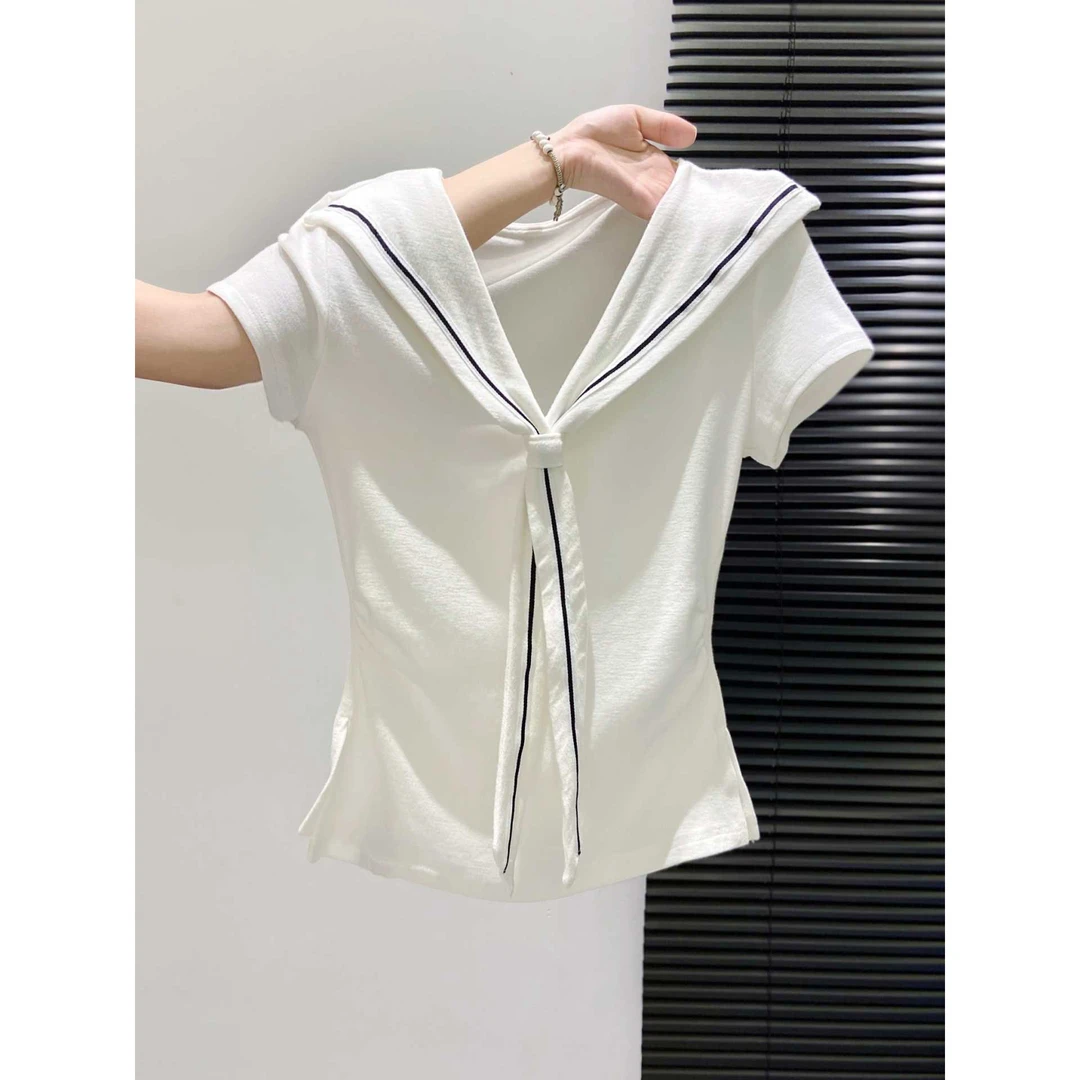 好韩系呀！海军领白色正肩短袖t恤女夏季开叉修身掐腰显瘦辣妹上衣