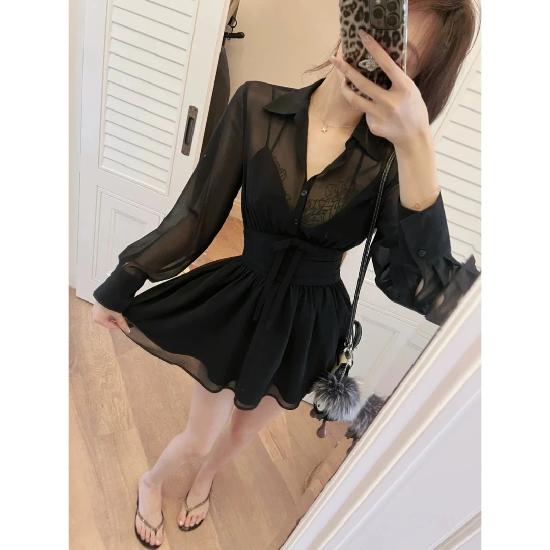 IN MIMIFACE 假两件透视衬衫连衣裙女春季新款长袖气质收腰短裙