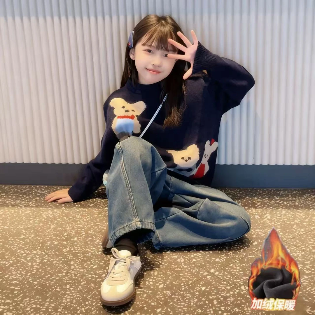 女童2025新款秋冬季韩版小熊宽松甜美毛衣潮品加绒牛仔裤裤套装