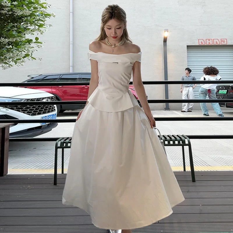 白色一字肩抹胸连衣裙子女夏季2025年新款高级感收腰显瘦气质长裙