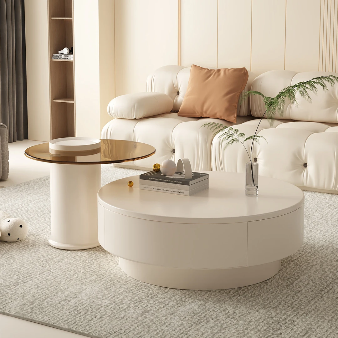 三梦奶油风圆形岩板茶几客厅家用极简轻奢现代小户型玻璃茶几组合
