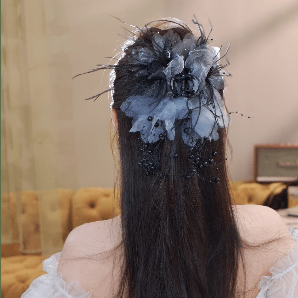 抓夹高级感【玖瑶仙子】抓夹女气质百搭超仙甜美玫瑰花羽毛鲨鱼夹