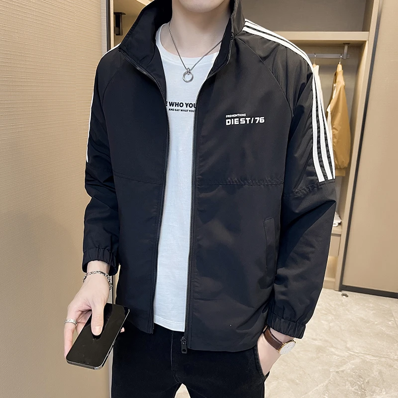 2025春秋季新款拼色运动男装立领夹克男士潮流修身薄款外套冲锋衣