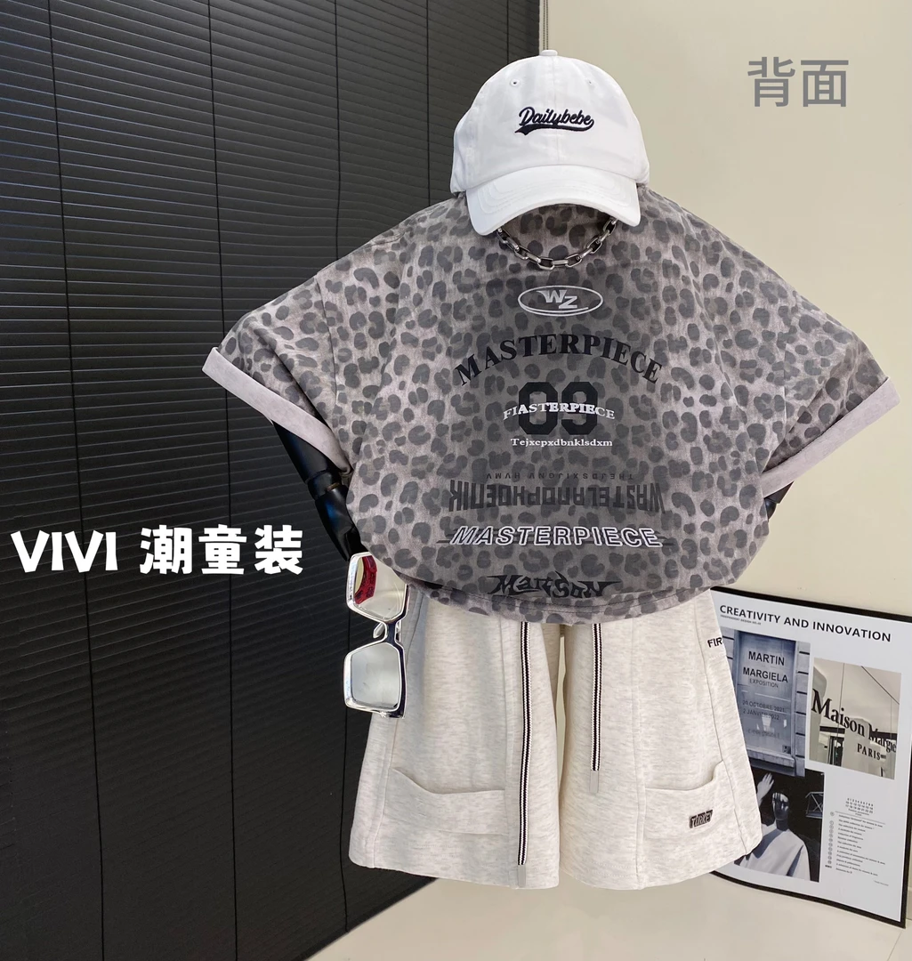 VIVI童装 2025夏季潮牌中大童渐变扎染奶咖色豹纹印花短袖T恤
