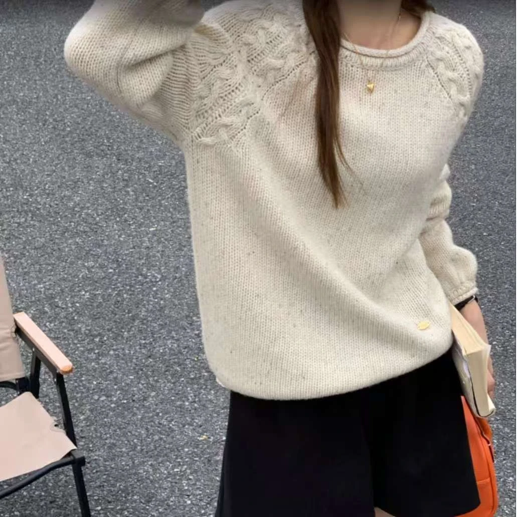 秋冬新款纯羊毛纯色卷边领长袖圆领女套头