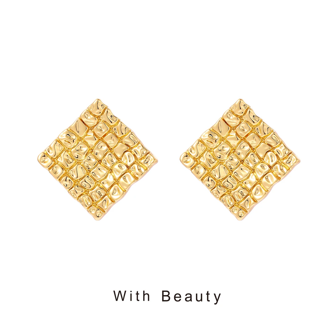 铜合金耳饰 With Beauty 法式几何形金色小方糖耳环