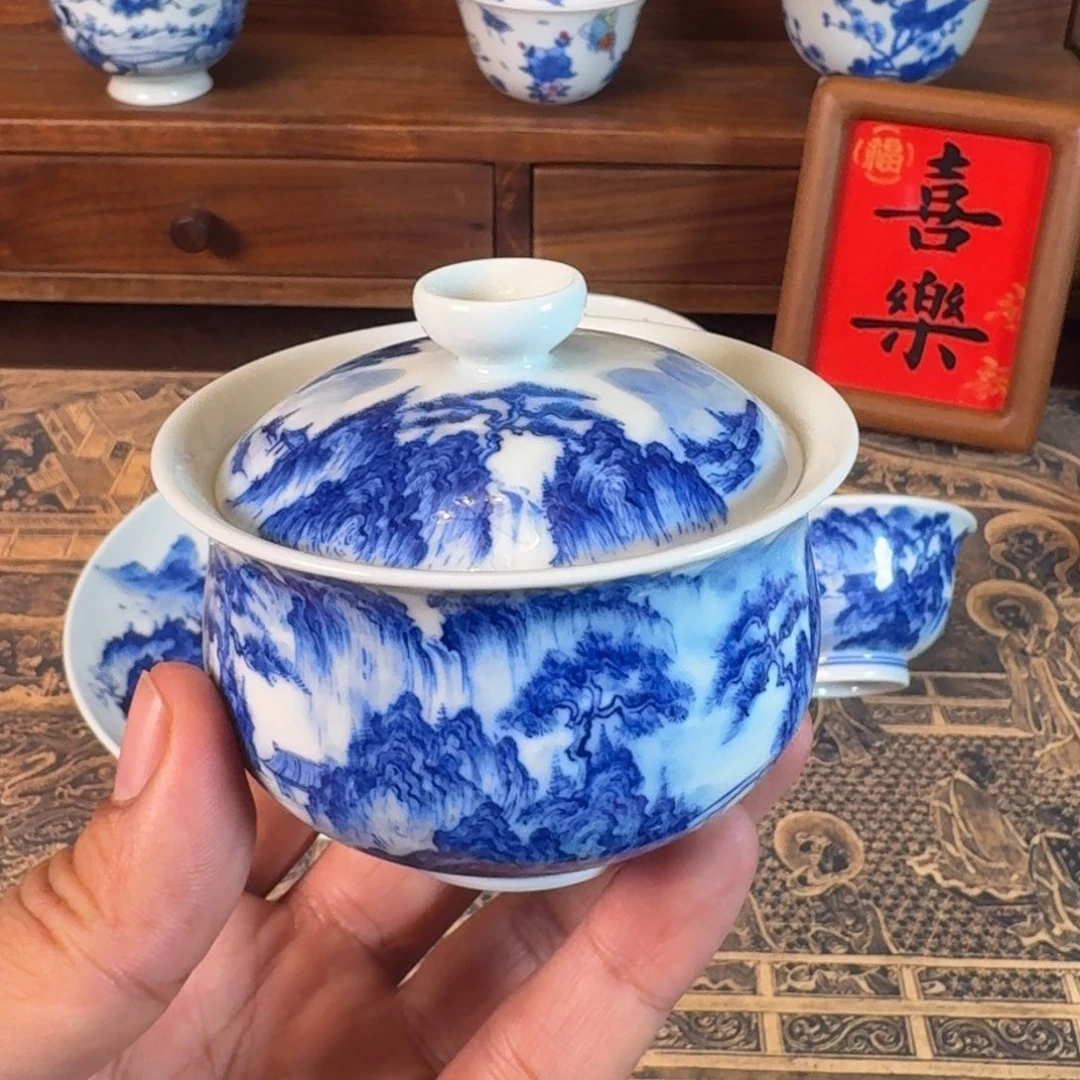 景德镇全手工手绘青花山水两才盖碗