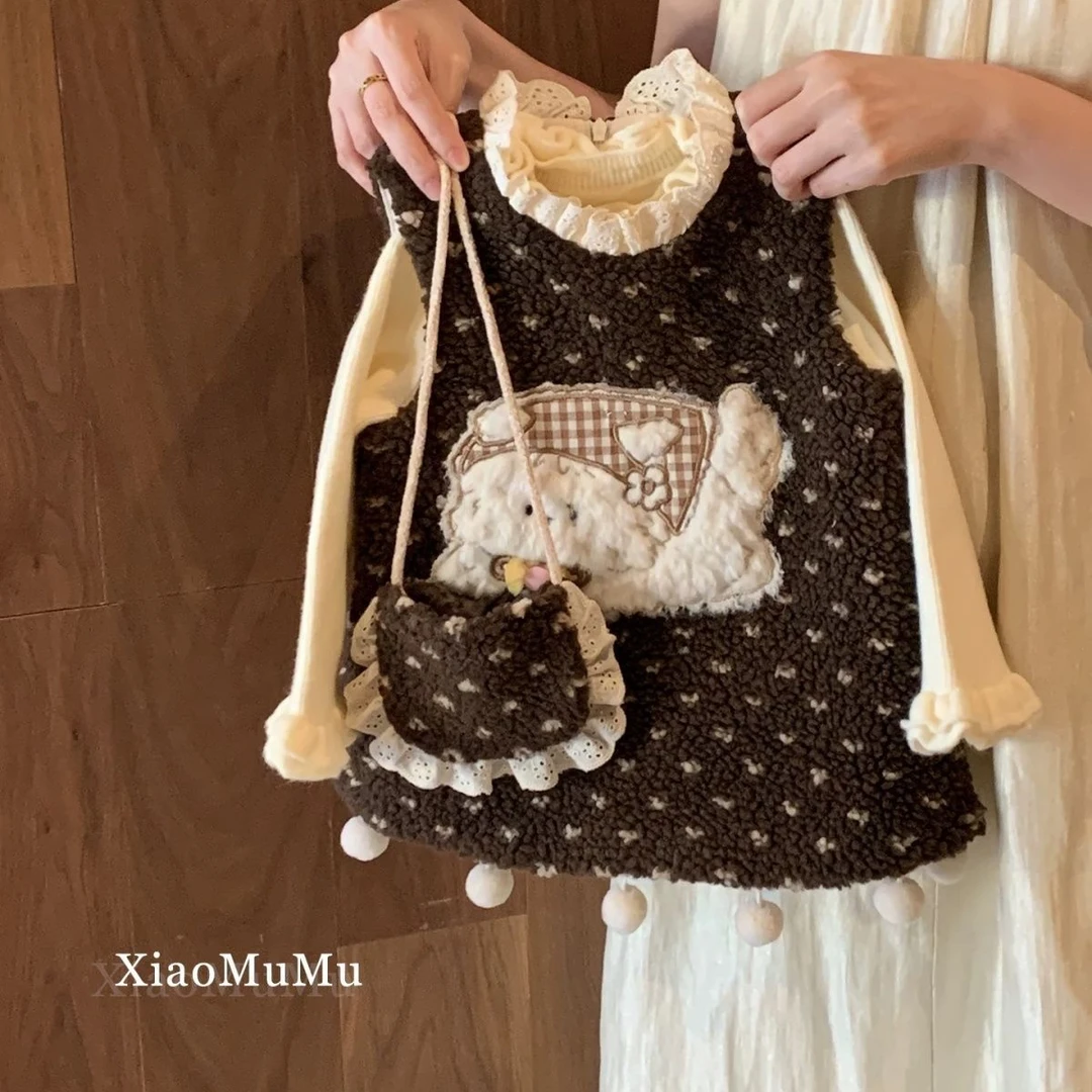 小黄鸭女童连衣裙2025新款秋冬季女宝宝洋气羊羔毛保暖背心裙公主