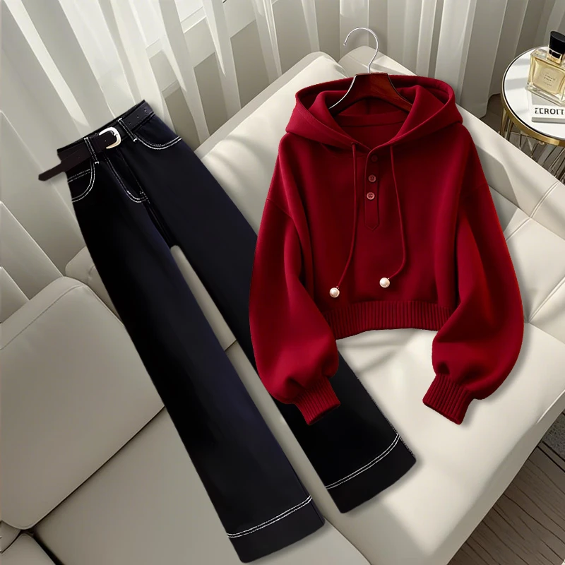 秋装显瘦时尚套装慵懒风连帽卫衣高腰百搭直筒裤一整套女爆款穿搭