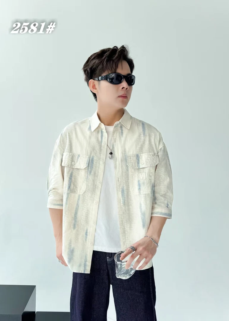 男士夏季薄款透气扎染短袖休闲潮流衬衫