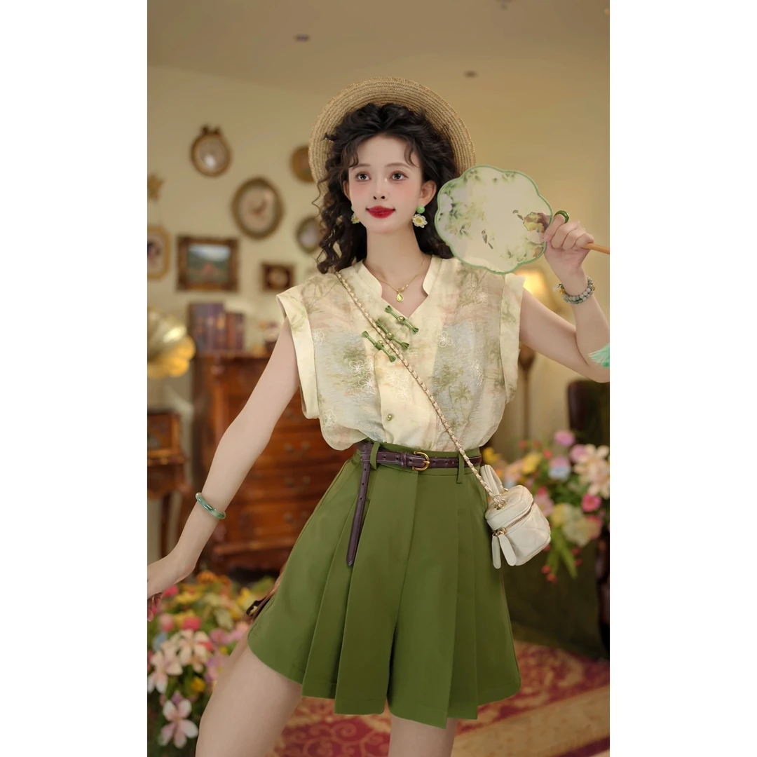 扣子家【碧漪纱】新中式夏季V领刺绣衬衫国风复古碎花上衣KK0725567