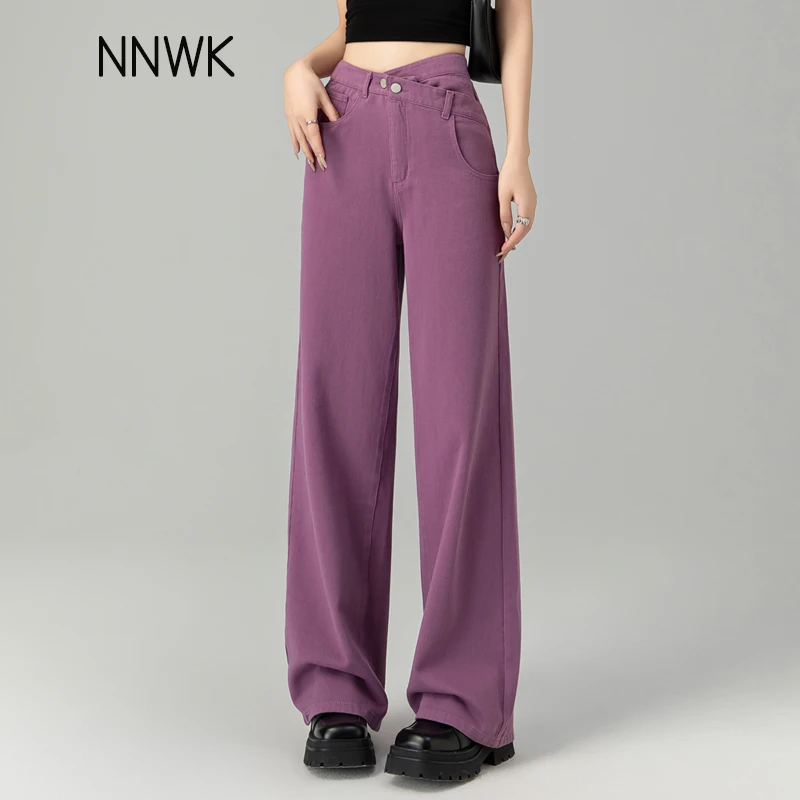 美式葡萄紫牛仔阔腿裤女款爆款2025春秋新款高腰裤子宽松显瘦长裤