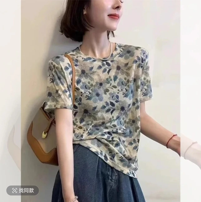 【衣长60】涂鸦印花圆领短袖T恤欧货高级感软糯气质上衣2025夏…