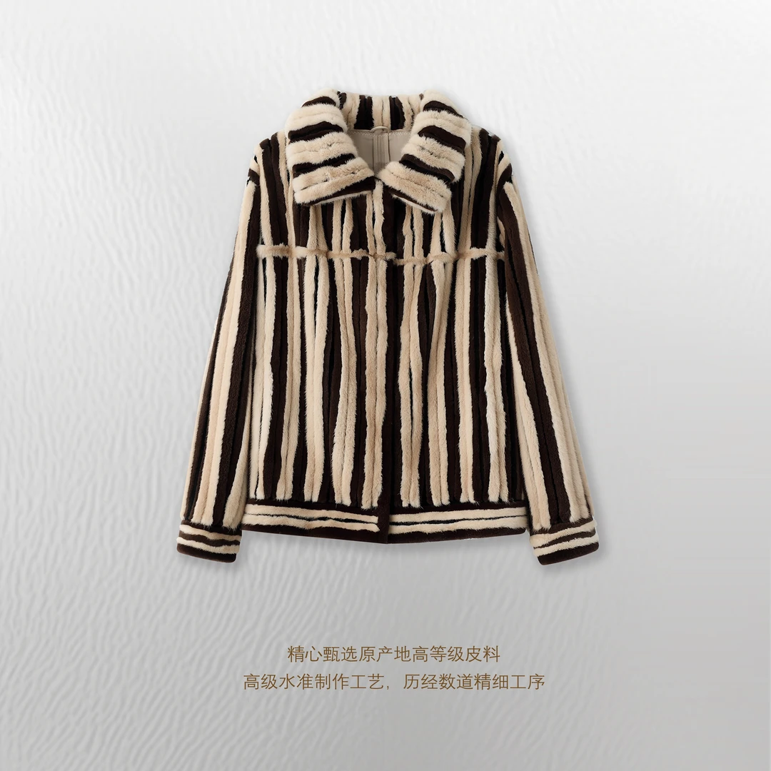 臻极【芝加哥】潮牌条纹系列休闲夹克款水貂进口小母貂DKSD7708
