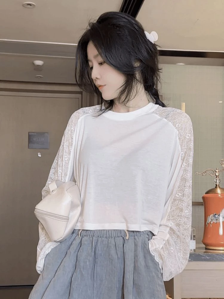 白色蕾丝拼接长袖t恤女2025新款夏季宽松显瘦薄款防晒罩衫短上衣