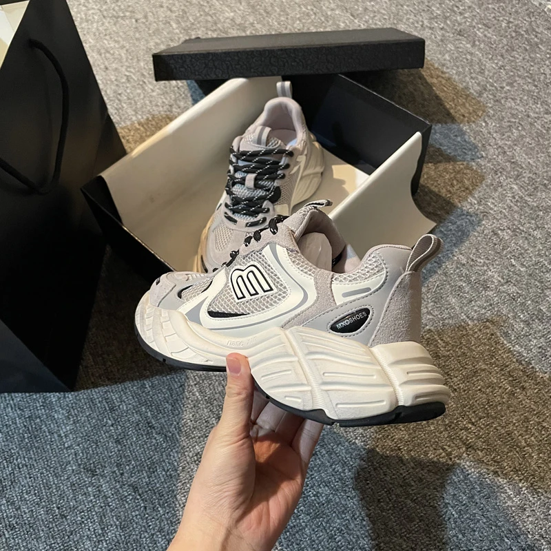 2025春季新款厚底老爹鞋女网面圆头拼色真皮休闲鞋时尚舒适运动鞋