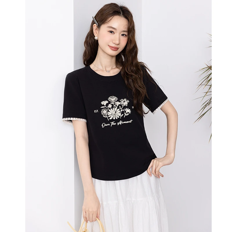 绮娑大码女装2025夏装新款圆领印花正肩T恤宽松显瘦胖MM短袖上衣