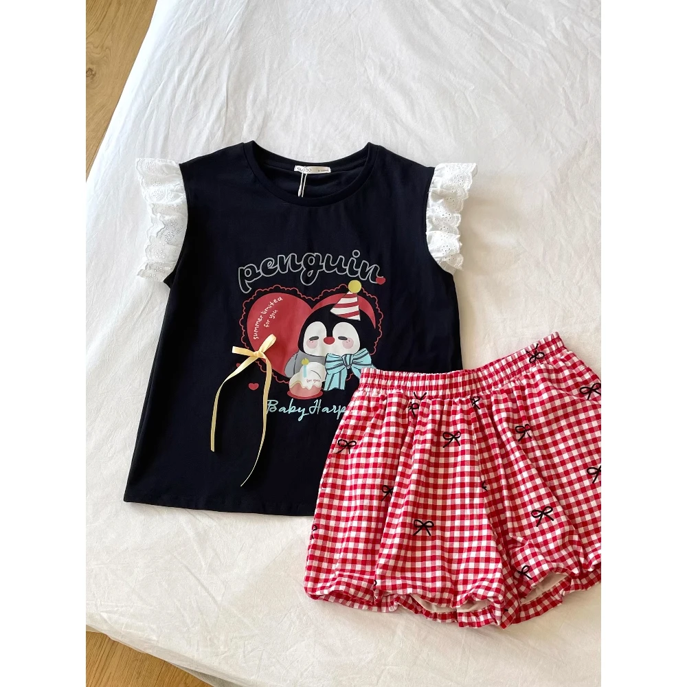 【可爱企鹅】少女专属轻奢甜美卡通睡衣女夏季蝴蝶结短裤套装家居服