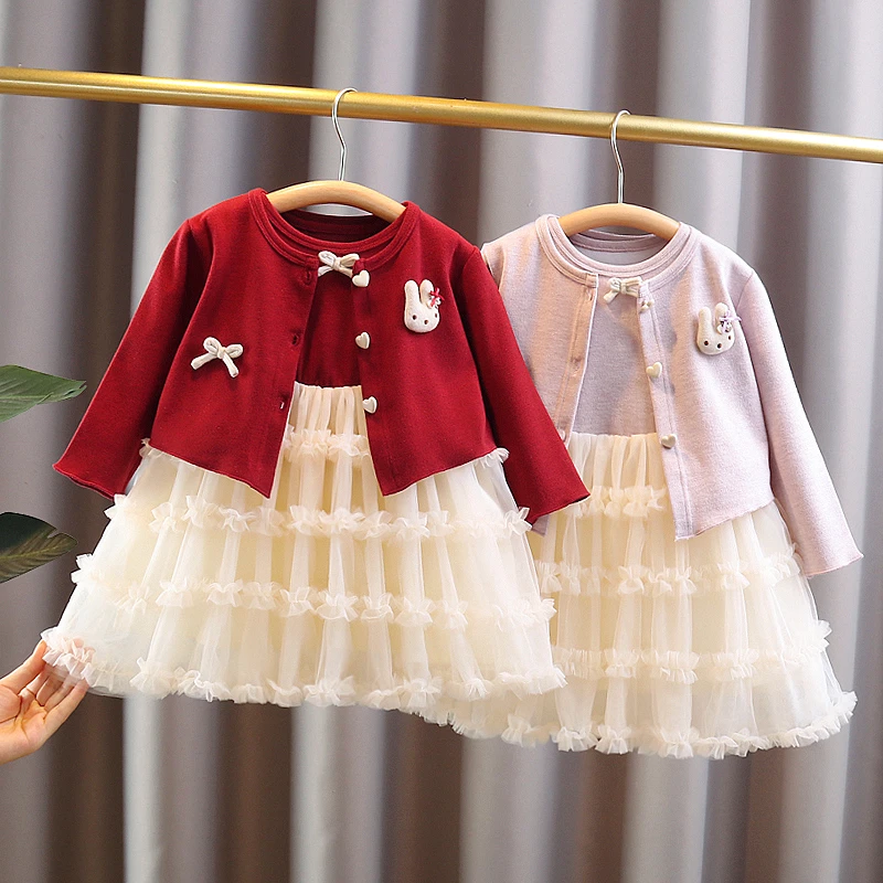 童装女童裙套装春秋季婴儿童女宝宝针织开衫+网纱公主裙子两件套