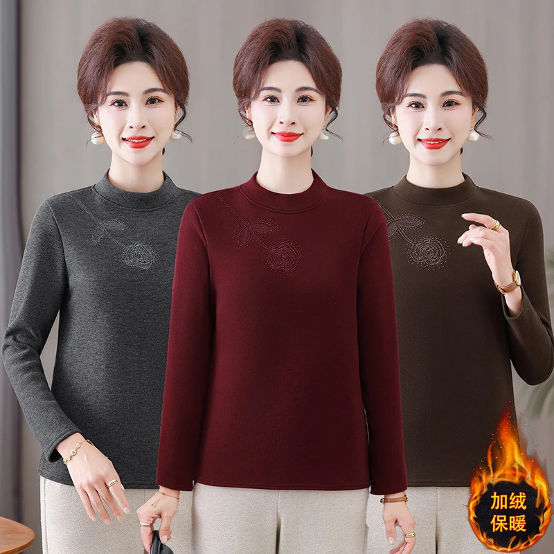 妈妈装秋冬季半高领上衣加绒加厚打底衫2025中老年女冬装保暖内衣