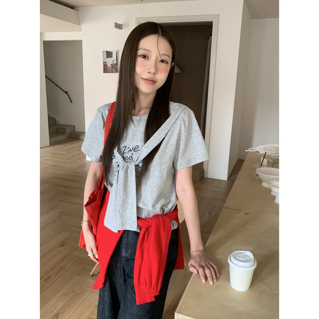 13168#TN#韩系百搭字母印花假两件披肩圆领短袖T恤（福利）