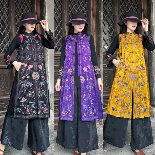 新中式国风重工刺绣开衫马甲宽松大码复古中长款盘扣马甲走秀款女