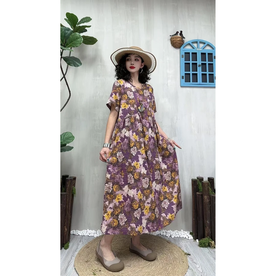 5153夏季新款清凉气质时尚复古遮肚宽松女显瘦百搭圆领休闲连衣裙