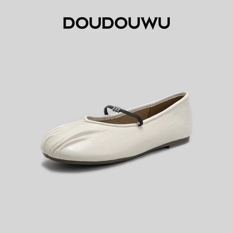 豆豆屋复古圆头褶皱软皮鞋女2025春季新款一字扣带百搭软平底单鞋