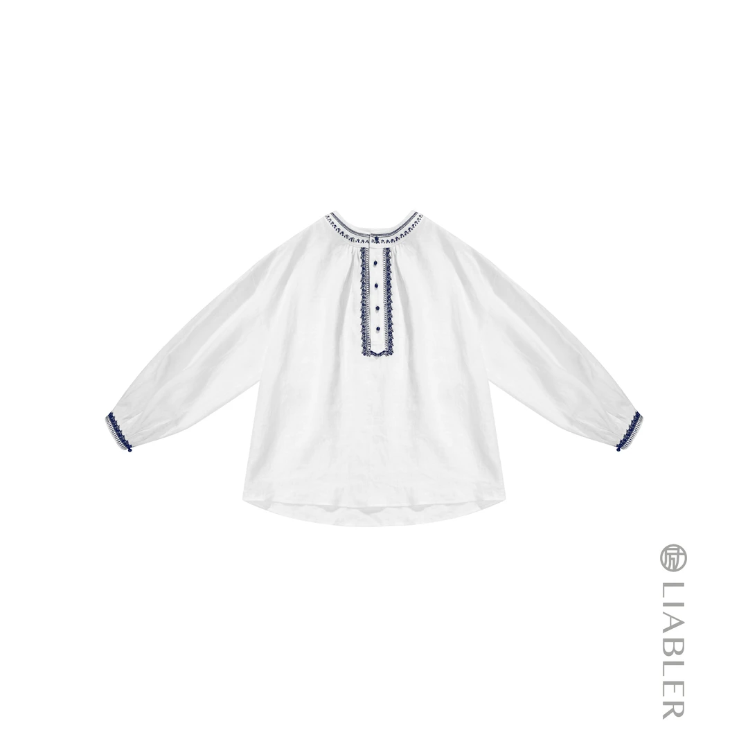 LIABLER/励 C25春夏亚麻圆领刺绣长袖半开扣上衣 LSS25302J
