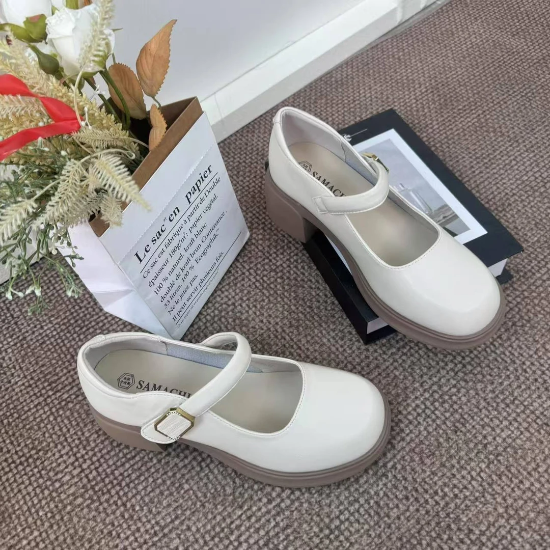 萨玛驰玛丽珍单鞋圆头厚底粗跟夏季休闲女鞋浅口白色皮鞋防水百搭