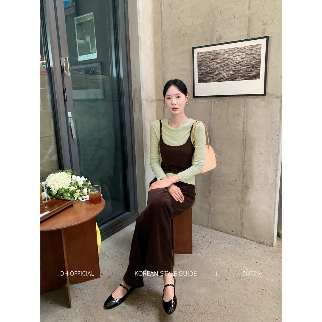 秋季新款肩带背心修身长袖打底衫撞色真两件叠穿T恤女潮