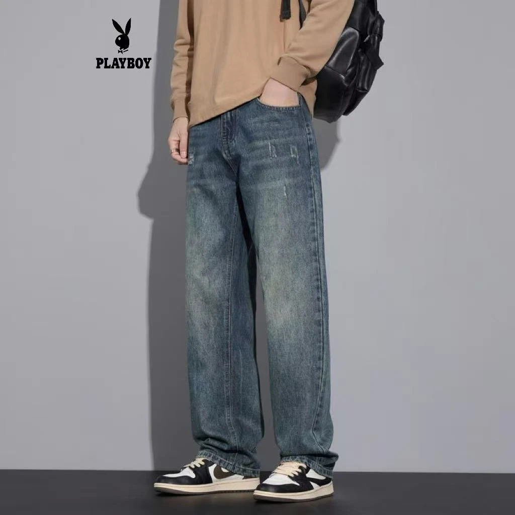 花花公子加绒牛仔裤男士复古直筒宽松工装潮牌秋冬休闲阔腿长裤