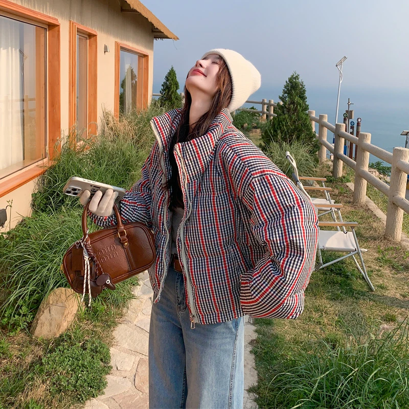 韩系撞色格子羽绒服女2025冬季新款90白鸭绒休闲风保暖加厚面包服