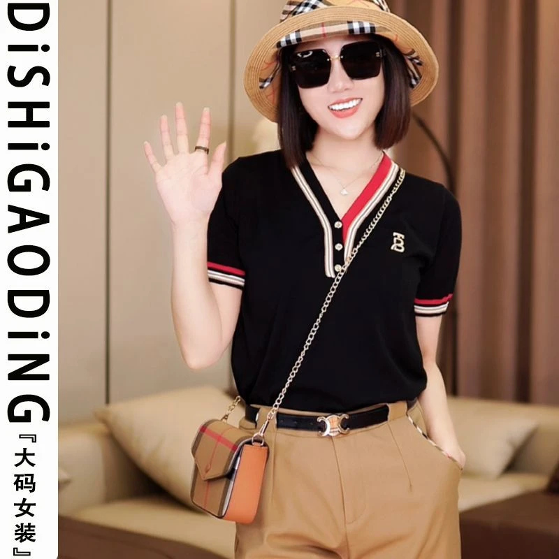 针织衫新款短袖显瘦洋气黑色上衣针织短袖上衣条纹修身百搭上衣