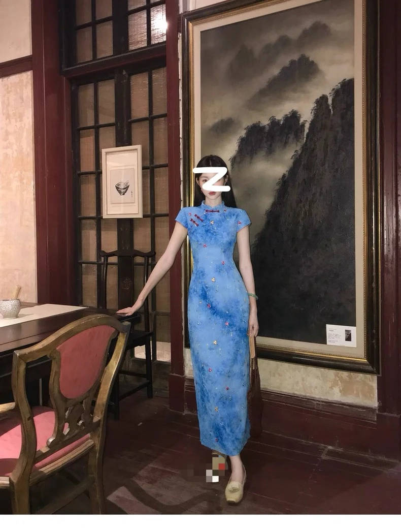 码加加51562新中式晕染连衣裙女夏季胖mm复古设计感高端礼服裙子