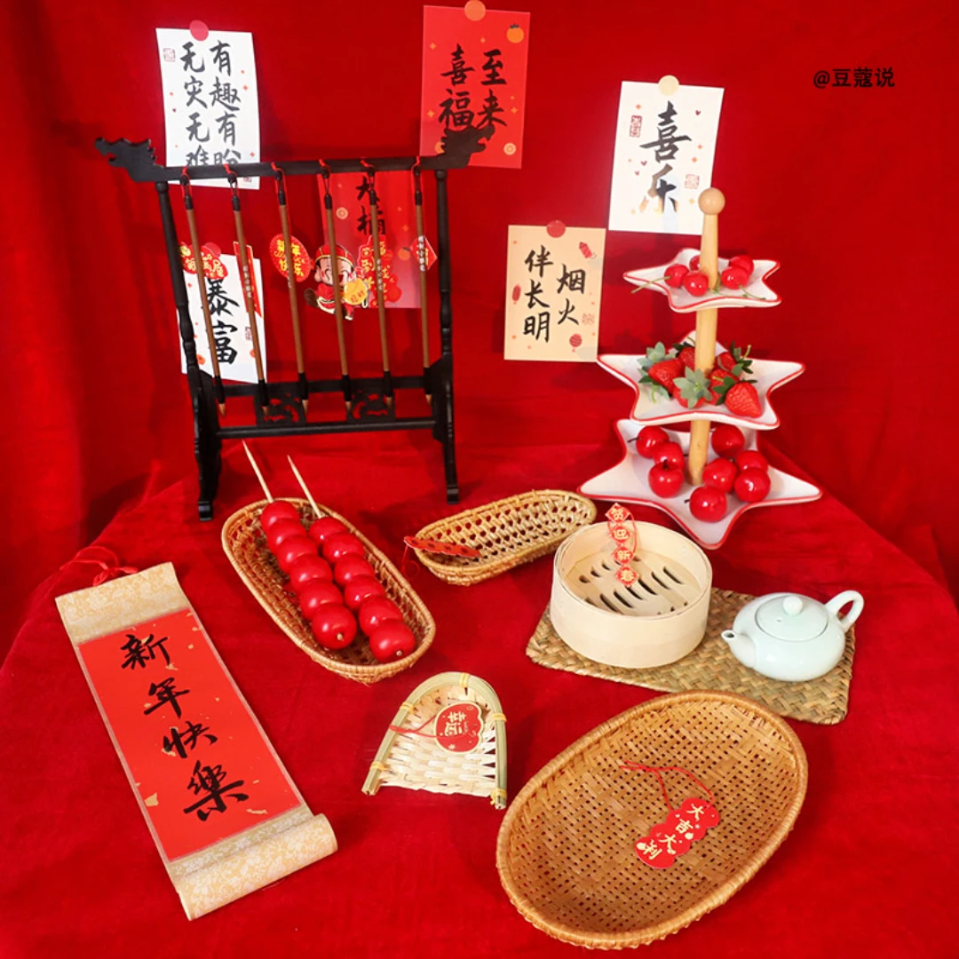 新年美食拍摄场景布置装饰道具2026短视频春节过年马年红色背景布